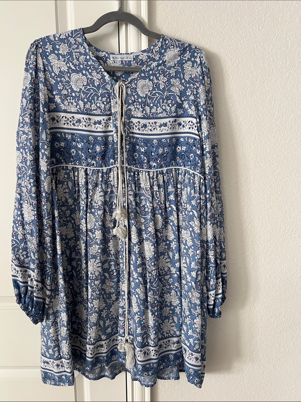 Blue Floral Midi Dress with Tassel Tie